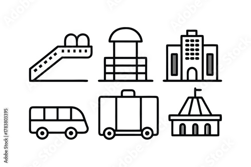 Collection of six simplified icons depicting transportation and buildings Keywords: icon, symbol, line art, building, architecture, escalator, bus