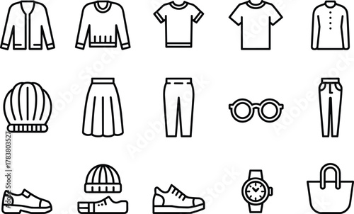 Line Art Casual Outfit Icons Vector Set, Outline Fashion Clothing Accessories Collection