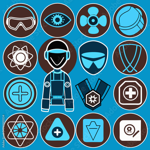 Collection of sci fi icons and symbols featuring a character and medical emblems isolated on white background isolated on transparent background silhouette