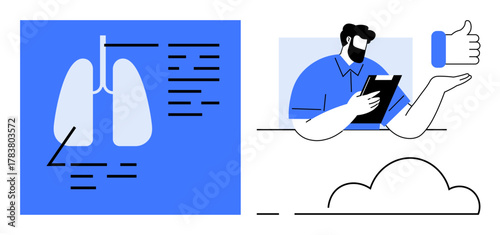 Medical professional analyzing lung diagram, holding a clipboard. Thumb-up gesture indicates approval. Ideal for healthcare, diagnostics, pulmonology, consultations, patient care, education simple