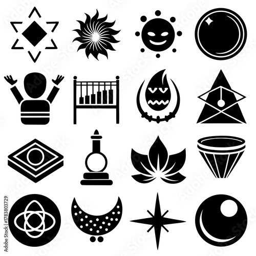 Collection of diverse black silhouettes representing symbols and objects isolated on white background isolated on transparent background