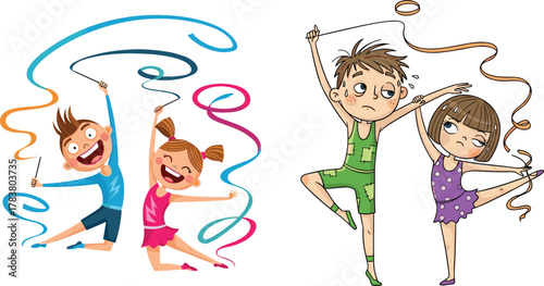 Happy kids doing rhythmic gymnastics, children dancing with ribbons, artistic exercise, fun physical activity, sports training, balance, flexibility, coordination illustration