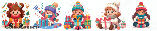 vector of a little girl sit on floor open a Christmas gift