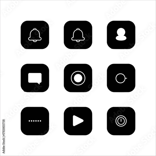 Collection of nine black social media and interface icons on a