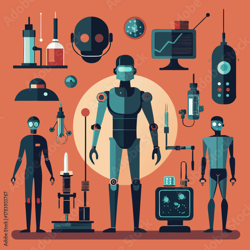 Collection of futuristic robots and scientific equipment in a stylized flat design silhouette isolated on white background isolated on transparent background