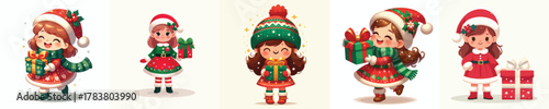 vector of a little girl carrying a Christmas gift