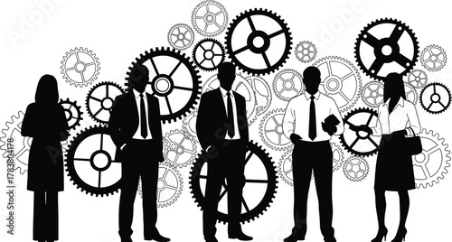Business teamwork concept with gears and people silhouettes, collaboration and strategy illustration for management, cooperation, organization, innovation and corporate workflow design
