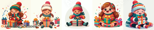 vector of a little girl sit on floor open a Christmas gift