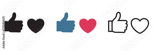 Social media like and heart icons set. Vector set of thumbs up and heart symbols in chat bubbles, representing likes, reactions, and engagement on social media platforms.

