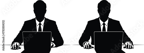 Business teamwork concept, two businessmen working on laptops at office desk, corporate cooperation, partnership communication, digital technology collaboration vector illustration