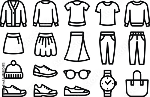 Bold Line Style Clothing and Accessories Icon Set, Flat Glyph Outline Casual Fashion Vector