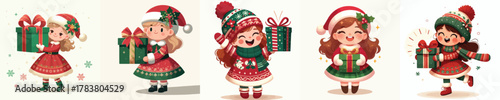 vector of a little girl carrying a Christmas gift