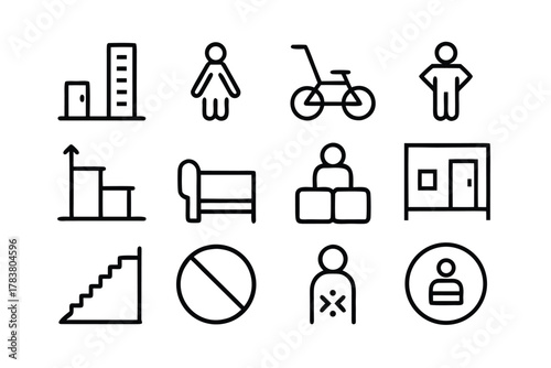 Line Art Icons Representing People Stairs and Objects Keywords: building, stairs, escalator, person, man, woman, bicycle, bed, cubes, door