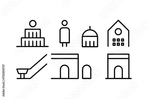Minimalist Line Art Icons of Buildings and People Keywords: building, house, architecture, dome, person, figure, stairs, escalator, archway, icon