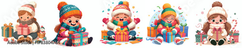 vector of a little girl sit on floor open a Christmas gift