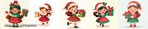 vector of a little girl carrying a Christmas gift