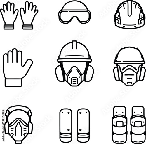 Black and White Personal Protective Equipment Icon Grid Featuring Gloves, Goggles, Helmets, Respirators, Knee Pads, and Elbow Pads – Minimalist Silhouettes for Safety and Industrial Design
