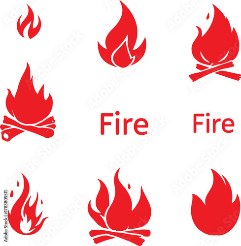 Red Fire Icon Grid Featuring Stylized Flame Variations with and without Logs and “Fire” Text – Minimalist Silhouettes for Safety, Heat, and Energy Themes