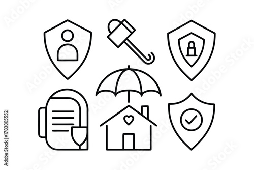 Set of six insurance and protection icons in outline style shield umbrella