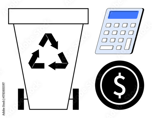 Recycling bin with arrows symbol, calculator, and dollar sign icon. Ideal for eco-consciousness, cost analysis, sustainability, waste reduction, environmental planning, budgeting simple flat