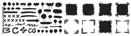 Collection of bold black graffiti elements featuring drips, splatters, brush strokes, arrows, and frame accents. Perfect for urban art designs, posters, street-style graphics, social media artwork