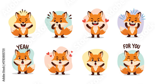 Collection of eight cute cartoon foxes expressing various emotions and actions with colorful backgrounds.