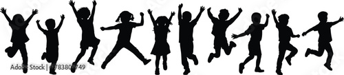 Joyful children silhouette, kids jumping, playful youth, happy childhood, energetic movement, black figures, white background, fun pose, group activity, carefree moment, excitement, celebration**