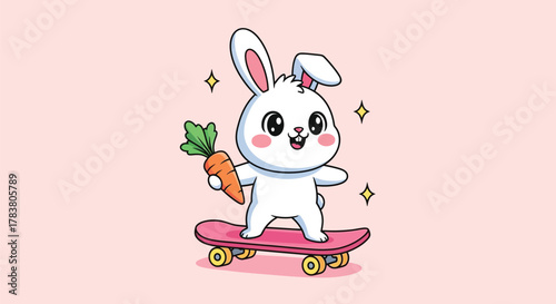Cute cartoon white rabbit holding a carrot and skateboarding on a pink board with sparkles.