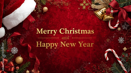 Fototapeta Naklejka Na Ścianę i Meble -  Elegant Red Background Merry Christmas and Happy New Year Greetings for flayers, banners, backgrounds, greetings, text space