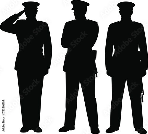 Military silhouette, formal uniform, saluting officer, standing pose, crossed arms, vector illustration, peaked cap, ceremonial attire, 