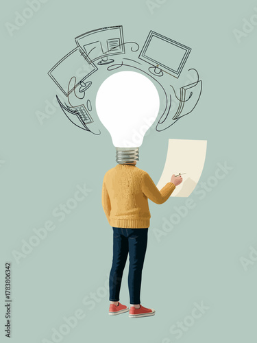 Inventor sketching new bright ideas, stylized sketches floating around, creativity concept, innovation, brainstorming, imagination, invention, abstract thinking, inspiration, modern design, futuristic