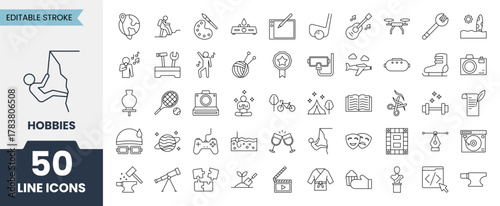 Hobbies line icons set with editable stroke. Containing photography, sports, traveling, yoga, dancing, cooking, painting and more. Vector illustration