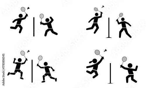 Badminton player icon showing people playing sport with racket and shuttle
