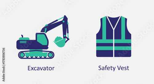 Vector illustration of illustration of an excavator and a safety vest, representing construction and work safety