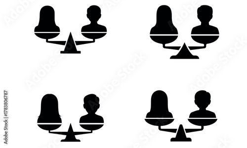 Gender equality icon showing balance between man and woman on scale
