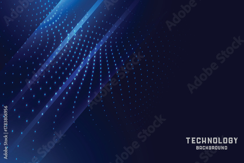 Futuristic blue technology background with digital dots and light effects. Digital blue glowing particles technology background.