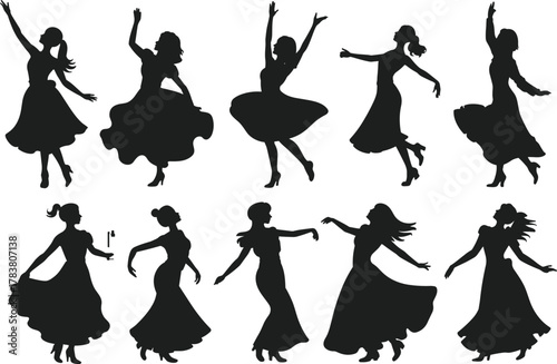 Silhouettes of dancing women, graceful poses, expressive movement, flowing dresses, elegant choreography, artistic performance, black figures, dynamic stance, female dancers