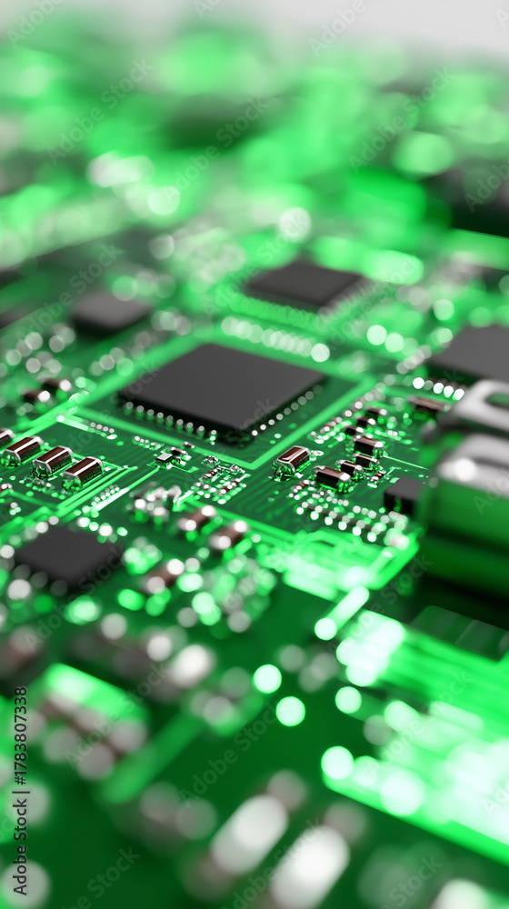 Obraz premium Macro view of green electronic circuit board with microchips. 