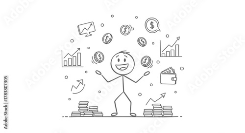 Financial success concept happy stick figure juggling coins, surrounded by financial symbols of growth, investment, and wealth management, depicting prosperity
