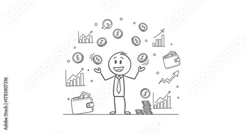 Financial success concept illustration Businessman juggling coins, charts, and wallets, symbolizing wealth, investment, and economic growth in a visual representation