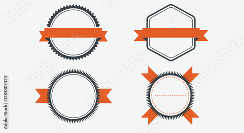 Vector illustration of set of four blank retro badges and labels with orange ribbons on a light gray background, vintage design elements
