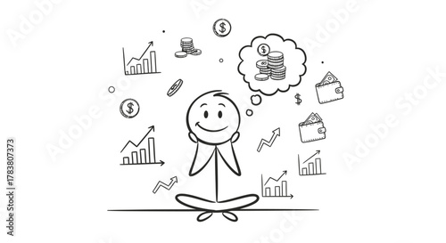 Financial meditation A stick figure's pursuit of wealth, envisioning coins, charts, and investment strategies for economic growth and success, with mindfulness