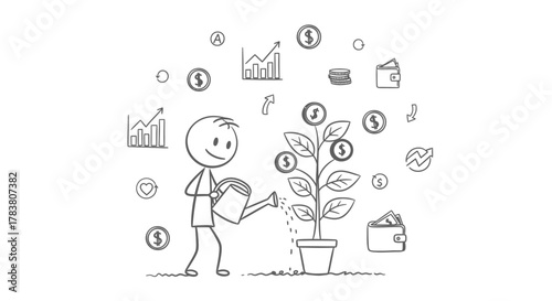 Illustration of a person watering a money tree with coins and financial symbols, representing growth, investment, and financial success in business