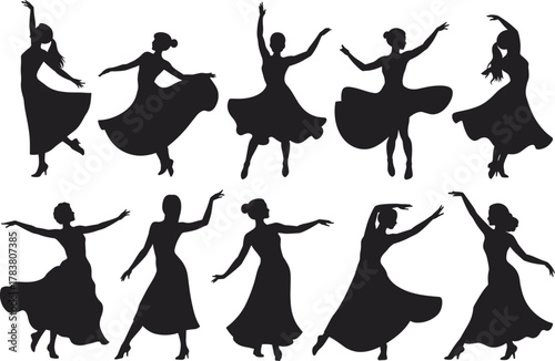 Silhouettes of elegant female ballet dancers, graceful poses, classical dance art, expressive movement, black silhouettes, ballerina performance, artistic choreography, dance composition, stage beauty