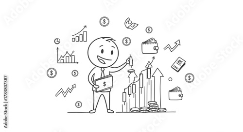Illustration of a businessman building financial growth visualizing success, wealth accumulation, investment strategies, and economic advancement through charts, money, and growth
