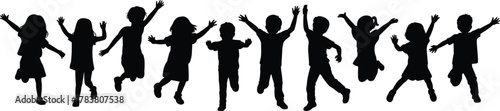 Silhouettes of joyful children jumping, dancing, celebrating, playful poses, energetic movement, black figures, white background, childhood fun, happy kids, active youth, expressive gestures**