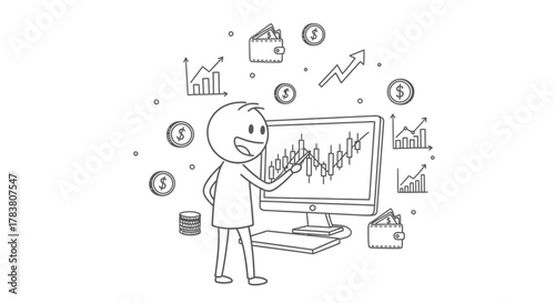 Financial trading concept with stick figure analyzing stock charts, surrounding coins, wallets, and growth arrows for investment and money management