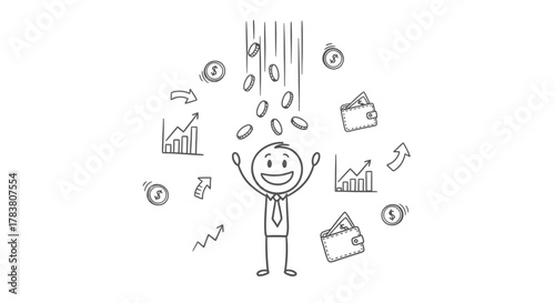 Happy stick figure celebrating financial success with money raining down, surrounded by charts and wallets, symbolizing wealth, growth, and prosperity
