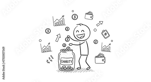 Cheerful Stick Figure Donating to Charity A Whimsical Illustration Depicting Generosity, Financial Growth, and Community Support with Coins and Dollar Signs