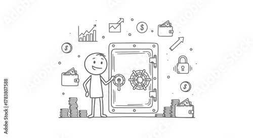 Financial security concept a stick figure with a bank vault surrounded by money, wallets, and growth charts, representing wealth and protection